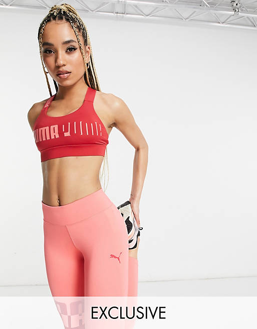 Puma Training logo bra in red with pink logo exclusive to ASOS