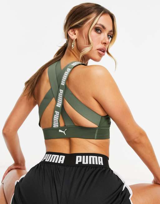 Puma Training logo mid support sports bra in thyme with grey logo exclusive  to ASOS, 521118_65