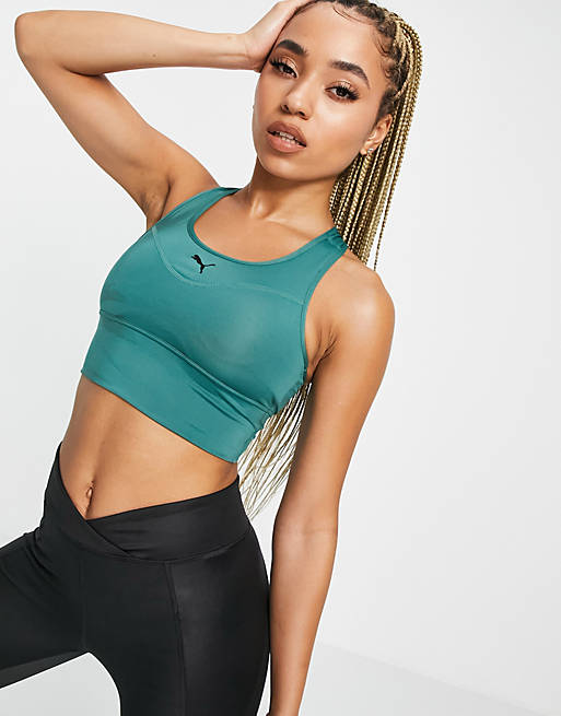 Puma Training mid support long line sports bra in green