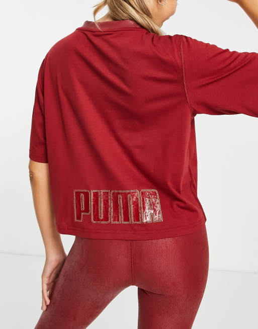 auteur twee korting Puma Training Moto cropped t-shirt in dark red with leather look collar |  ASOS