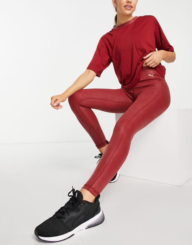 Puma Training Moto leather look leggings in dark red