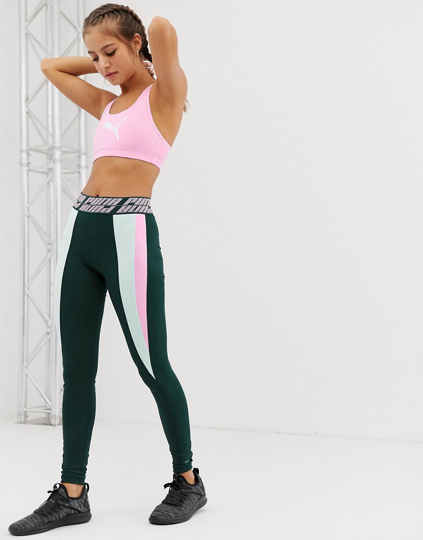 Puma Training Pink And Green Colourblock Leggings With Taped WaistbAnd