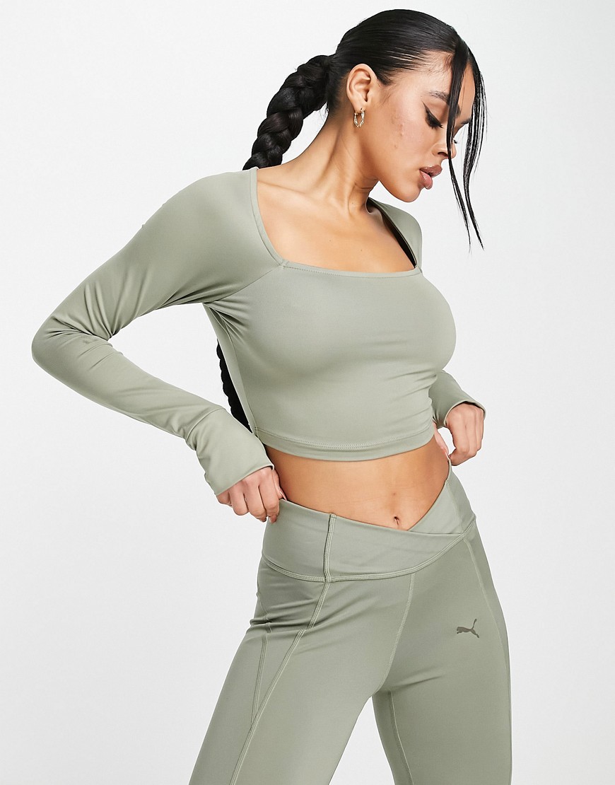 Puma Training Granola square neck long sleeve top in brown
