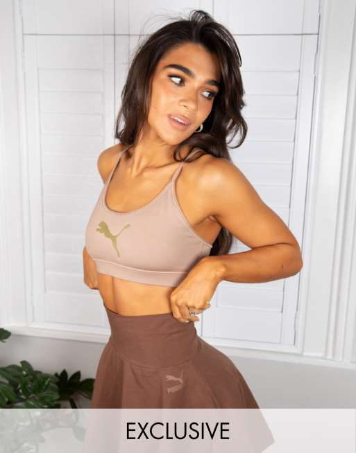 Puma Training x Stef Fit logo light support sports bra in taupe exclusive to ASOS