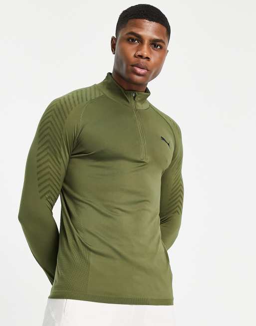 Puma – Träning – Formknit – Khakifärgad seamless topp med halv dragkedja