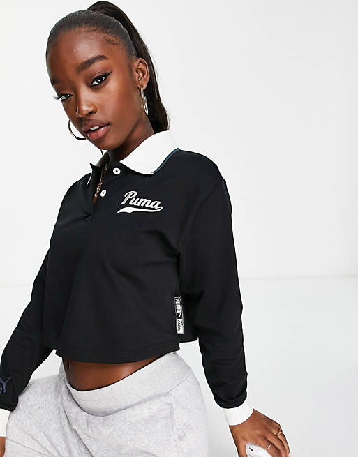 Tops Puma varsity long sleeve cropped polo top in black 