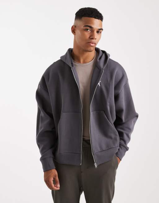 Puma Wardrobe essentials boxy full-zip hoodie in dusky gray