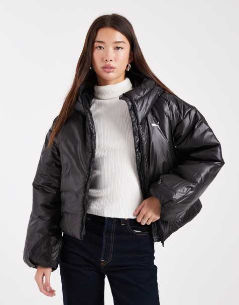 Puma Wardrobe Essentials shiny hooded padded jacket in black - view 1
