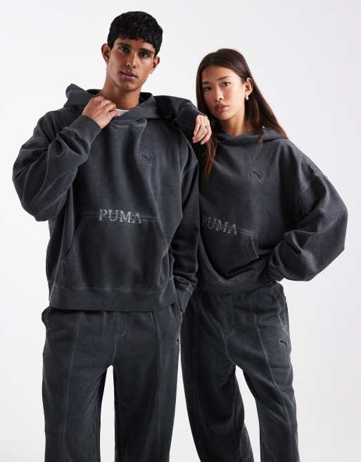 Puma Washed out graphic boxy hoodie in dusky gray
