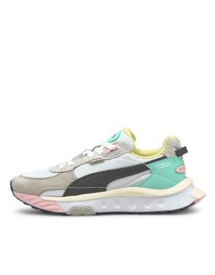 Puma Wild Rider trainers in white pink and mint