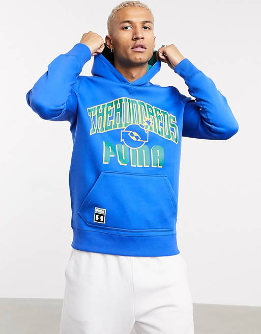 Puma x The Hundreds - Vendbar hættetrøje i blå og grøn med stort college-logo