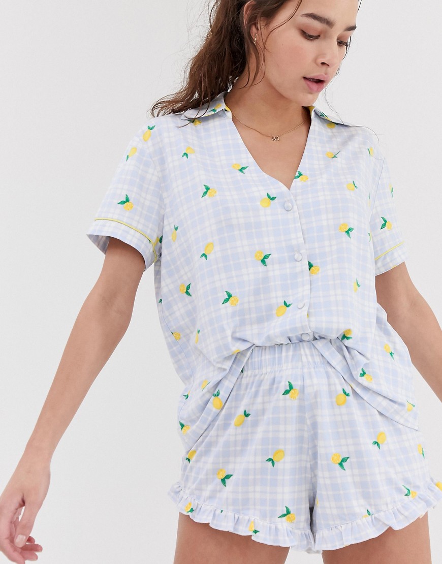 Pyjamassæt med reverskrave og gingham/citronprint fra Chelsea Peers-Multifarvet