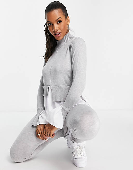 QED London 2 in 1 jumper with shirt underlay and leggings set in grey