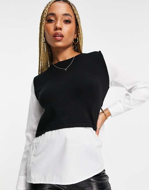 QED London 2 in 1 knitted vest with shirt underlay in black