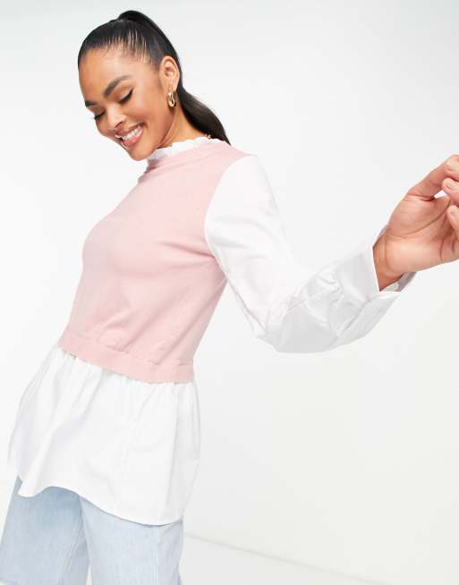 QED London – 2-in-1-Strickpullunder in Rosa mit Hemdunterlage und Rüschenkragen