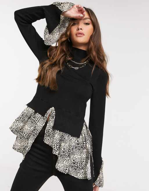 QED London 2 in 1 sweater with printed shirt underlay in black