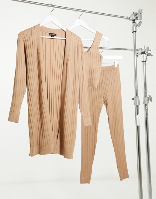 QED London 3 piece ribbed loungewear set in camel