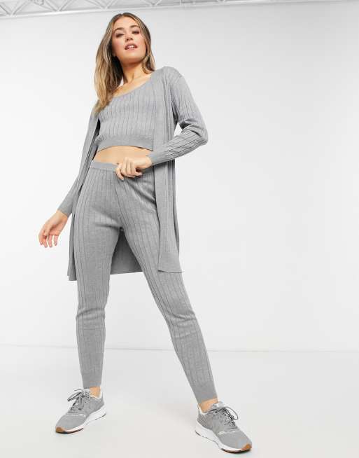 QED London 3 piece ribbed loungewear set in gray ASOS