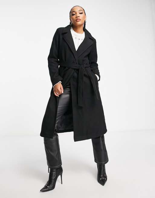 QED London belted longline coat in black