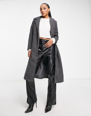 Qed London Belted Longline Coat In Charcoal Gray