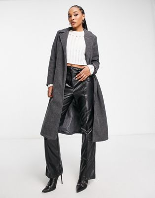 QED London belted longline coat in charcoal grey