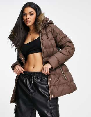 QED London QED London belted puffer coat with faux fur trim hood in chocolate brown