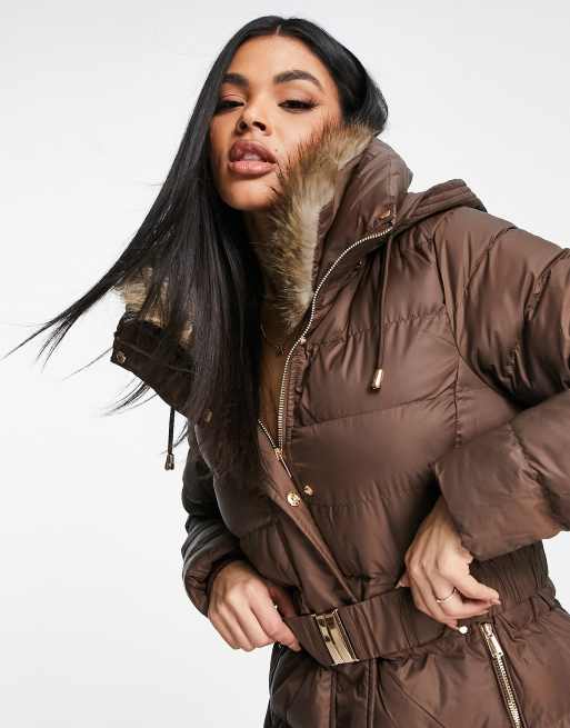 Brown puffer coat store with fur hood