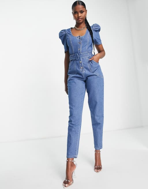 QED London – Blå jumpsuit i denim med puffärmar och skärp, 2 av 4