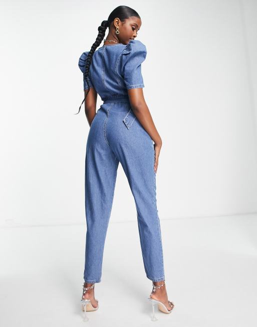 QED London – Blå jumpsuit i denim med puffärmar och skärp, 4 av 4
