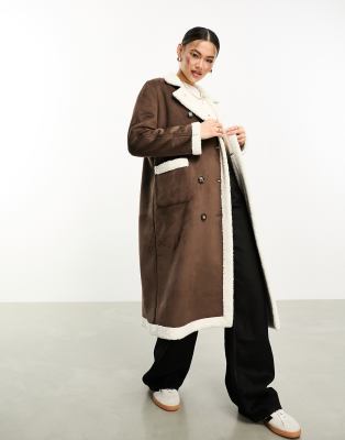 QED London QED London bonded longline aviator coat with borg trims in camel-Neutral