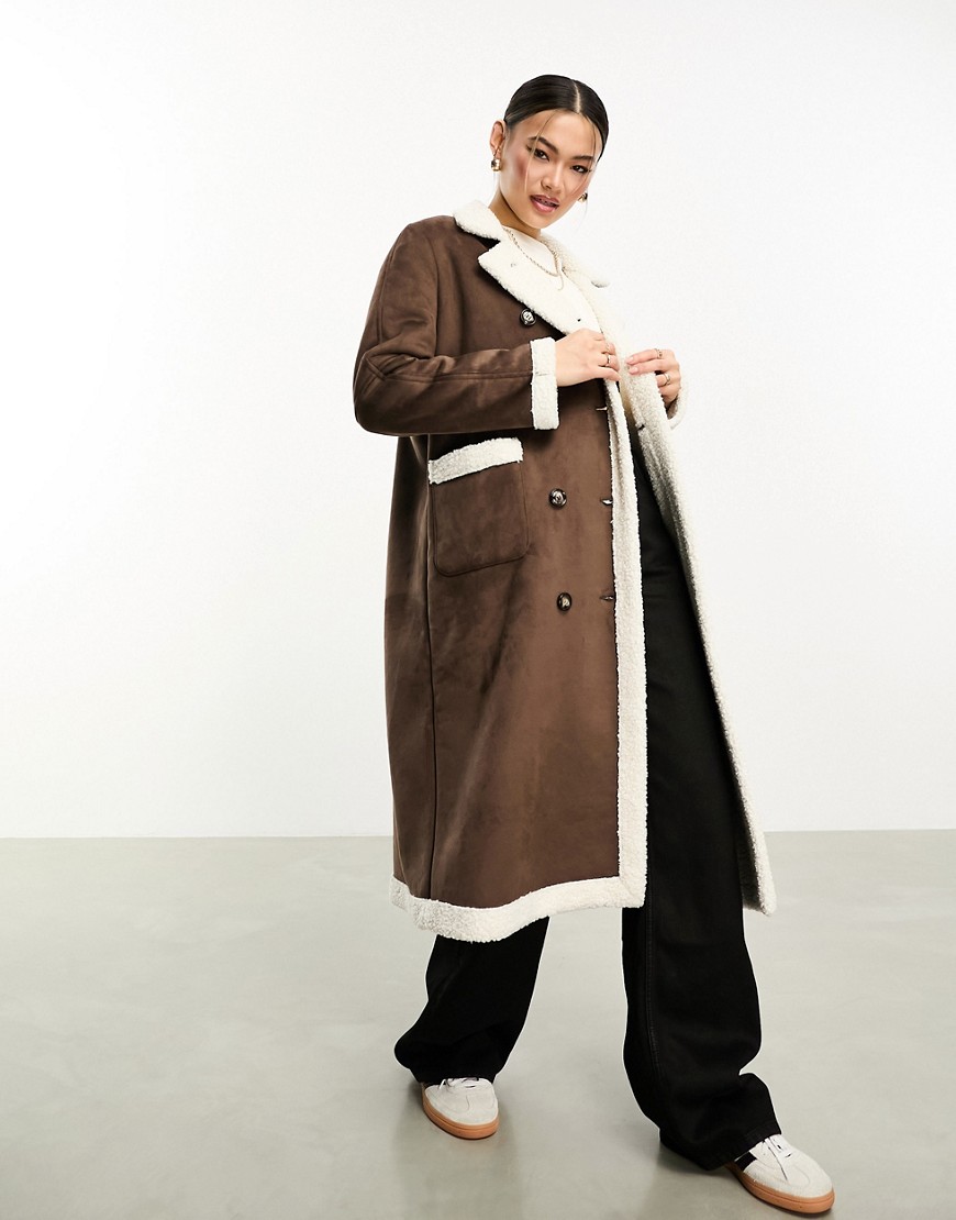 QED London bonded longline aviator coat with borg trims in camel-Neutral