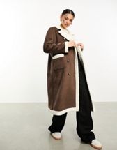 Threadbare Lois longline aviator coat with borg trims in chocolate