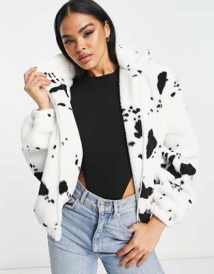 QED London borg zip through jacket in monochrome print-Multi