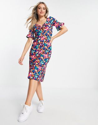 QED London bow front midi dress in bold floral print