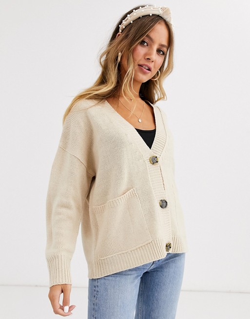QED London boxy button through cardigan in stone