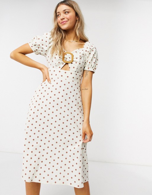 QED London buckle front midi dress with puff sleeves in polka dot