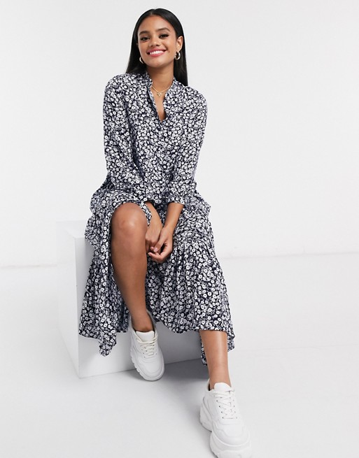QED London button down floral print midi dress in navy