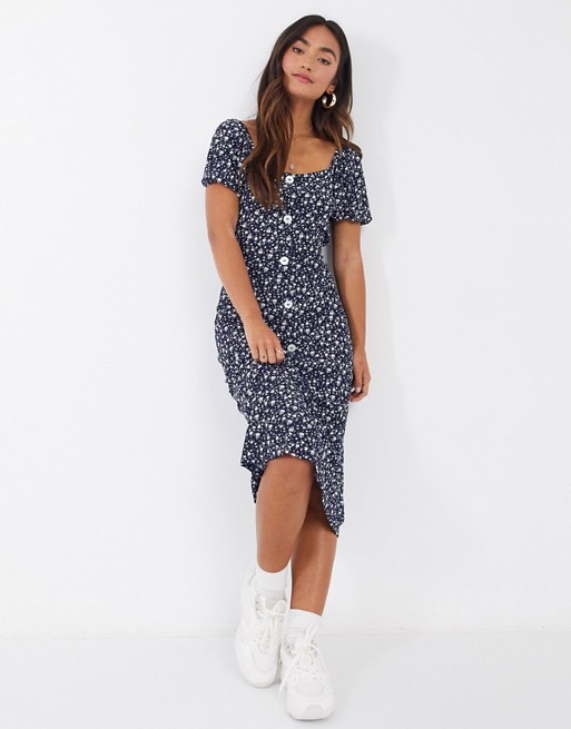 QED London button front midi tea dress in navy floral