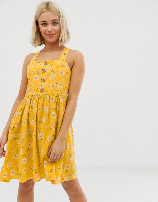 QED London button front sun dress in yellow floral ASOS