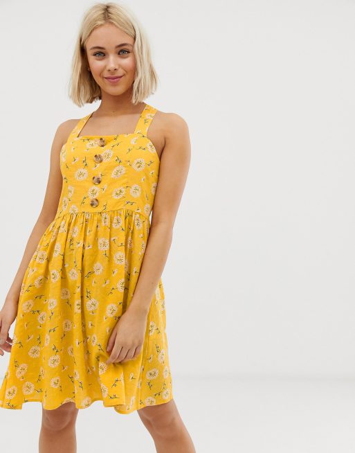 QED London button front sun dress in yellow floral ASOS