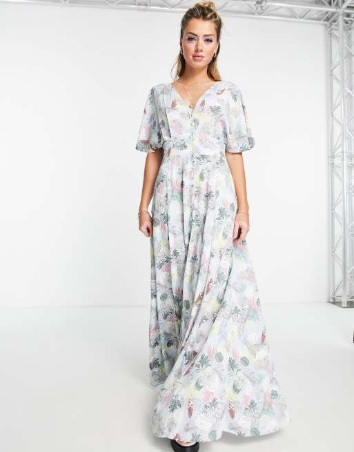 QED London button through maxi dress in blue tropical print