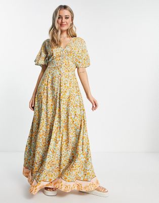QED London button through maxi dress in ditsy floral print