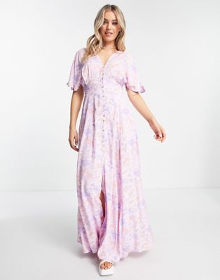 QED London button through maxi dress in pink floral print