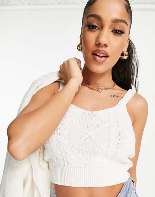 QED London cable knit crop top and cardigan set in white ASOS