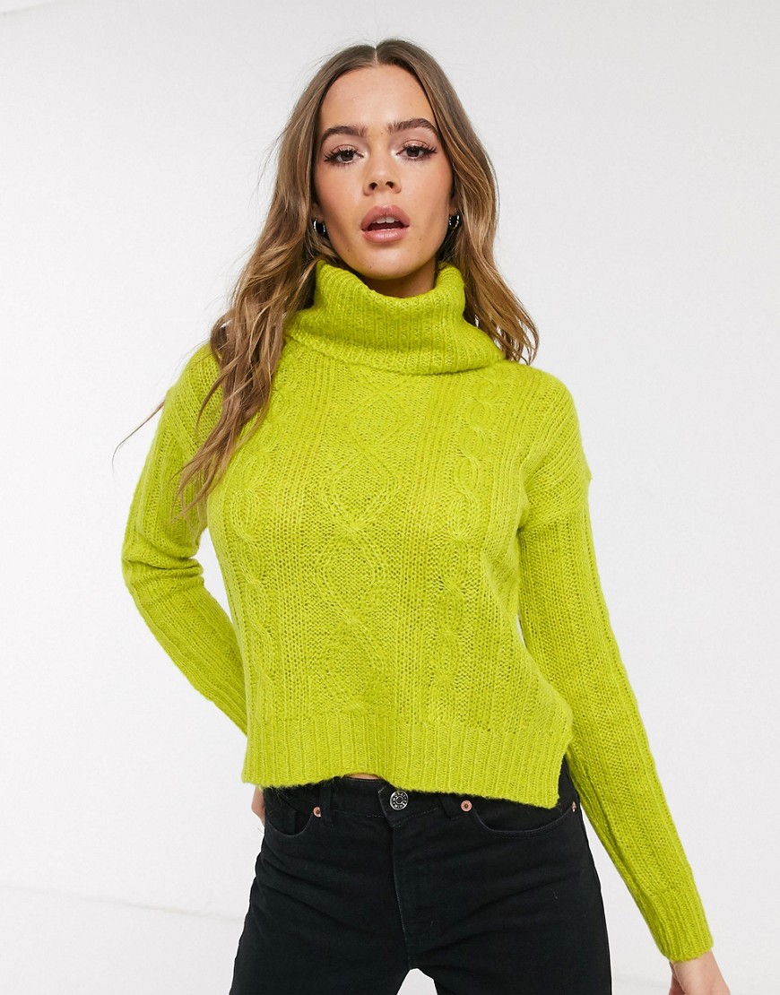 QED London cable knit roll neck jumper in acid green