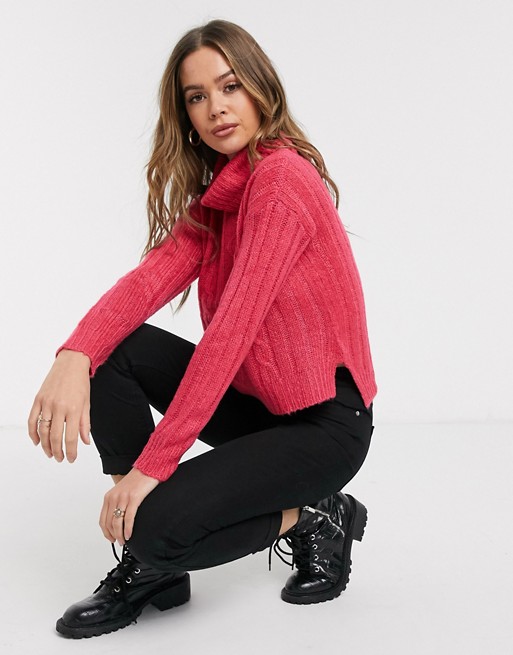 QED London cable knit roll neck jumper in hot pink