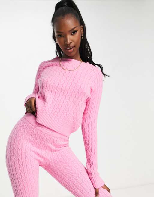 QED London cable knit sweater and leggings set in pink