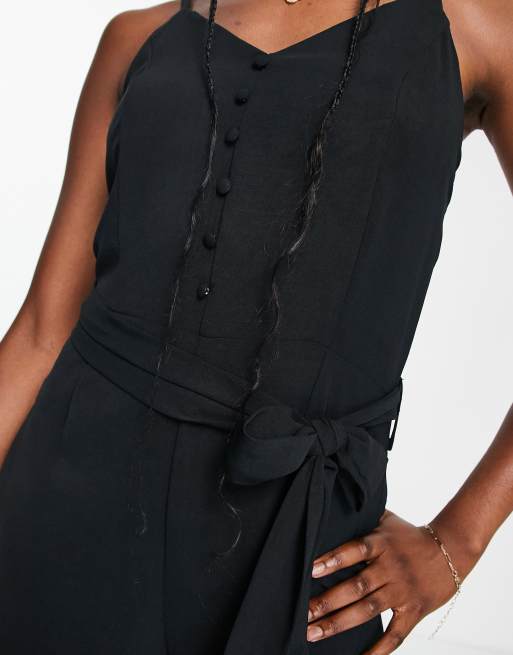 QED London cami strap button front jumpsuit in black, 3 of 4