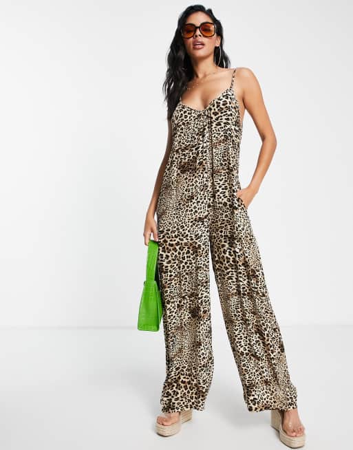QED London cami strap wide leg jumpsuit in leopard print