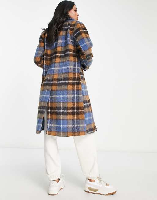 QED London - Cappotto doppiopetto taglio lungo blu a quadri, 2 di 4
